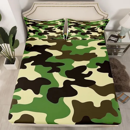 Miniatura 33 de Sábanas de camuflaje para niños, sábanas bajeras de camuflaje verde militar, juego de ropa de cama de camuflaje militar para niños, adolescentes
