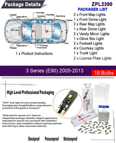 Miniatura 2 de ZIYO Kit de luces interiores LED de reemplazo para BMW E90 E91 E92 E93 Serie 3 2005-2013, bombillas LED de domo blanco xenón 6000K de 18 bombillas
