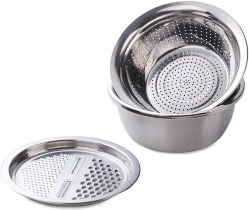 Miniatura 10 de Juego de colador multifuncional 3 en 1, rallador de cocina de acero inoxidable, cesta de drenaje/lavabo inferior para lavar arroz, frutas, verduras
