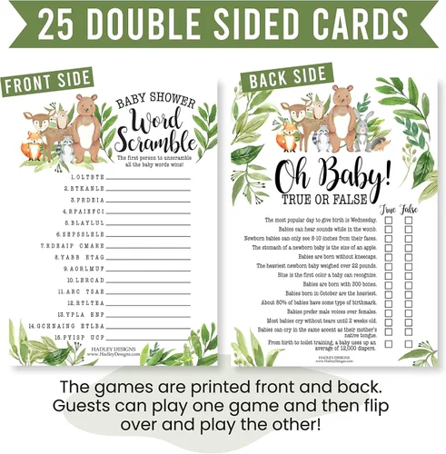 Miniatura 3 de Hadley Designs Juegos de baby shower para 25 invitados – Woodland Baby Shower Juego de palabras Scramble, verdadero o falso, juego de baby shower