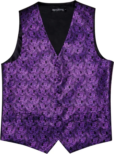 Miniatura 6 de Barry.Wang Conjunto de chaleco de pajarita para hombre, chaleco con cuello en V de seda jacquard de cachemira, gemelos de pañuelo formal/ocio, boda