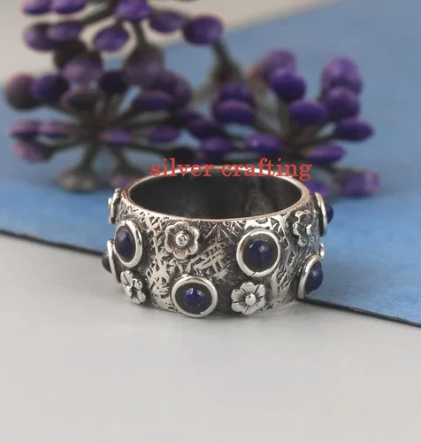 Miniatura 3 de Anillo redondo de lapislázuli hecho a mano, joyería de plata de lapislázuli para mujer, anillo de plata de piedra azul