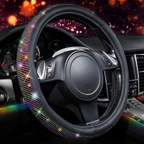 Miniatura 16 de CAR PASS - Funda de volante con diamantes brillantes de imitación y patrón de leopardo, con cristales de imitación brillantes para mujer