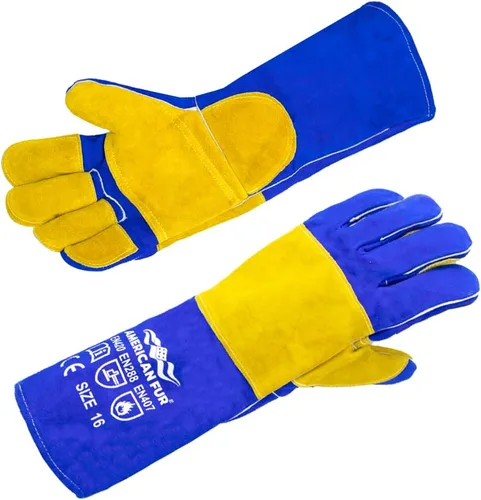 Miniatura 8 de Guantes de cuero para soldadura/barbacoa, 16 pulgadas, negro-gris, resistentes al calor/fuego, guantes
