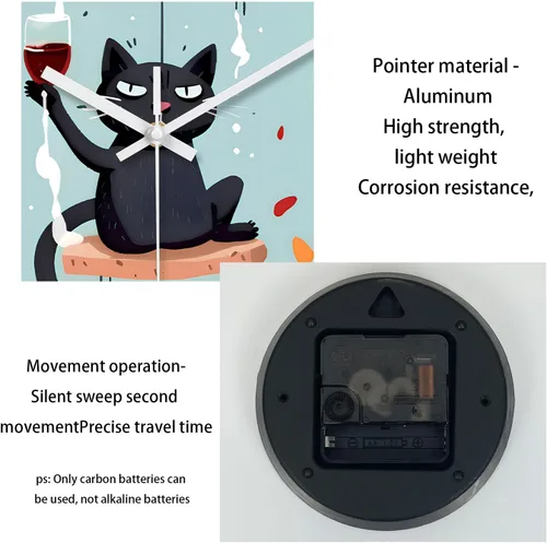 Miniatura 7 de XNM Reloj de Pared Analógico de Vidrio Operado por Batería 12 Pulgadas Redondo de Cuarzo Reloj de Gato Negro para Cocina Reloj de Pared Silencioso