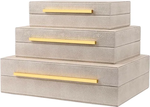 Miniatura 15 de Caja Negra Shagreen de Cuero Sintético, Juego de 3 Piezas Cajas Decorativas de Almacenamiento, Cajas Decorativas Modernas Apilables con Tapas