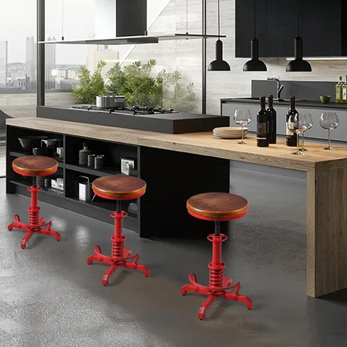 Miniatura 5 de Topower Industrial Retro Vintage Farm Asiento de madera Tractor Taburete Cocina Giratorio Altura Ajustable Taburete de bar Rojo Antiguo