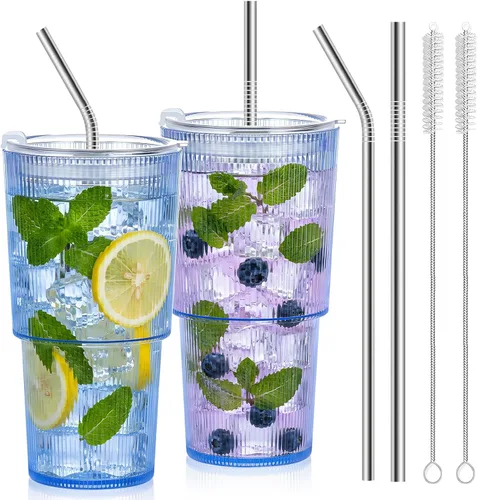 2 Pcs 20oz Plastic Ribbed Tumblers with Lid and Straws Blue Plastic Reusable Iced Coffee Cups with Lid Unbreakable Vintage Ribbed Drinking Glasses