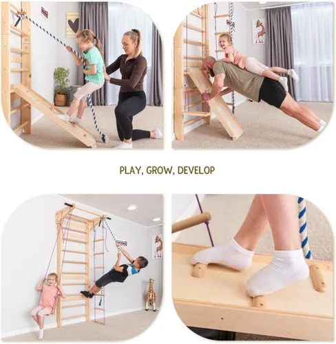 Miniatura 6 de Barras de pared de escalera sueca con barra de dominadas para niños y adultos, barras de madera para gimnasio en casa con anillos de gimnasia