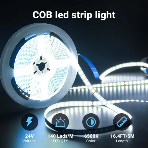 Miniatura 4 de DAYBETTER 16.4FT Tira de luces LED COB regulable, luces LED de alta luminosidad, 6500K blanco brillante de luz diurna, 24V, 140 LEDs, cinta LED Luz