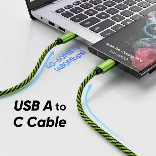Miniatura 4 de Teyssor Cable USB C de 10 pies, paquete de 5 unidades de nailon trenzado USB A a tipo C, cable de carga rápida compatible con Samsung Galaxy S24 S23