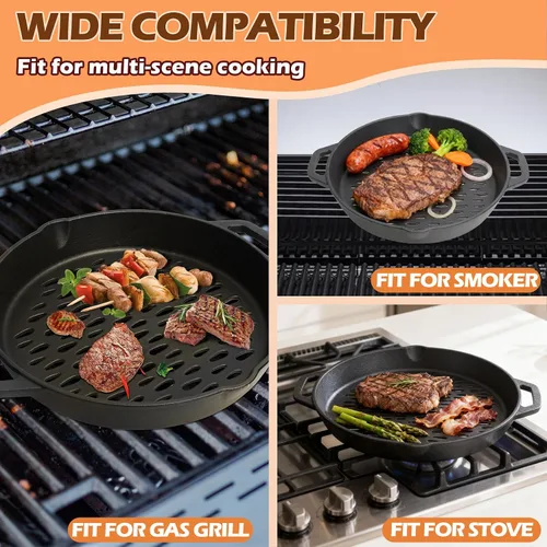 Miniatura 5 de Cestas redondas de hierro fundido para todos los ahumadores de carbón y parrillas de gas, bandeja antiadherente de hierro fundido de 12 pulgadas