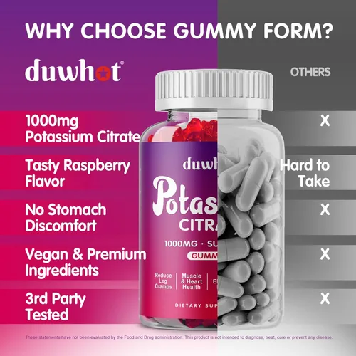 Miniatura 3 de duwhot Gomitas de citrato de potasio de 1000 mg, suplemento de potasio para adultos, mujeres y hombres, ayuda a calambres en las piernas y la salud
