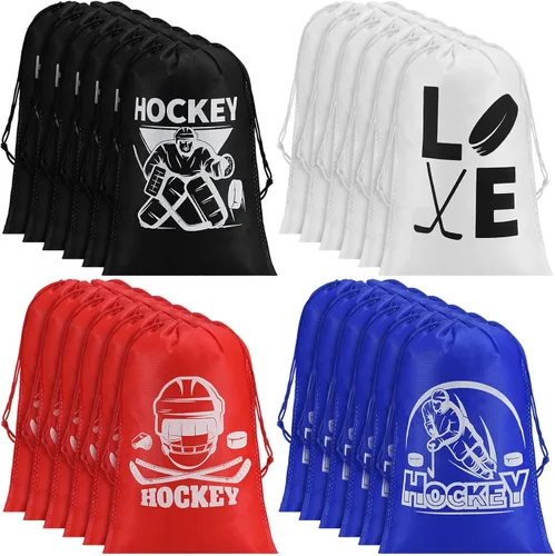 Berlune 24 bolsas de regalo de hockey para fiestas de hockey, bolsas deportivas con cordón para temática deportiva, fiesta de cumpleaños, baby