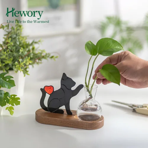 Miniatura 3 de Hewory Estaciones de propagación de gatos hechas a mano: maceta negra para gatos con soporte de madera para decoración de escritorio para amantes