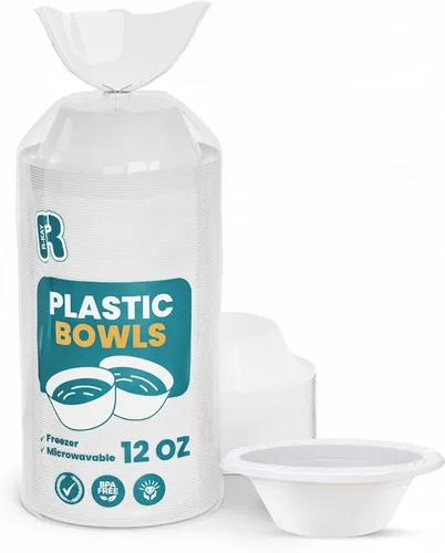 Miniatura 7 de R-kay Tazones de plástico - 100 unidades de tazones desechables aptos para microondas - Tazones de plástico blanco resistentes, de alta resistencia
