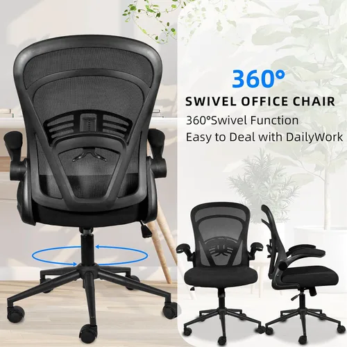 Miniatura 9 de Ollega Silla de escritorio para computadora con ruedas, silla de oficina de malla con brazos abatibles, soporte lumbar ajustable, silla de Negro