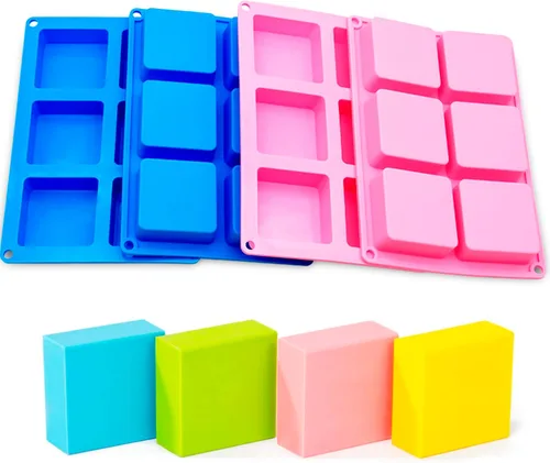 Bangp Paquete de 4 moldes cuadrados para jabón, moldes de silicona antiadherentes de 6 cavidades, bandejas cuadradas para cubitos de hielo, moldes