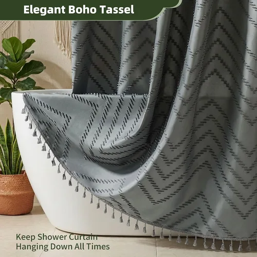 Miniatura 4 de Siiluminisoy Cortina de ducha gris para baño de tela bohemia, cortina de ducha de tela con textura de chevrón tufted elegante, cortinas de ducha