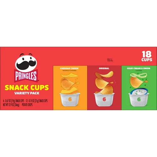 Miniatura 8 de Pringles Papas fritas de patata, aperitivos para el almuerzo, tazas de aperitivos, paquete variado, caja de 12.9 onzas (18 tazas)
