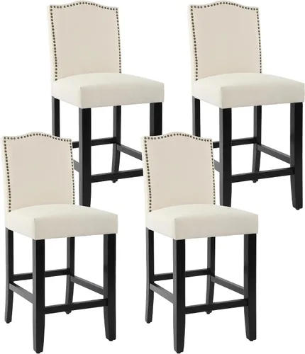 Miniatura 11 de LSSPAID Juego de 2 taburetes de bar, de 28.5 pulgadas, modernos tapizados de tela, taburetes de bar con respaldo de cabeza de clavo y patas de Beige