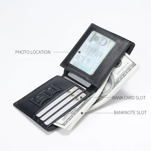 Miniatura 41 de Billetera de piel triple con bloqueo RFID para hombre con 2 ventanas de identificación, 2 compartimentos para efectivo, 6-8 ranuras para tarjetas