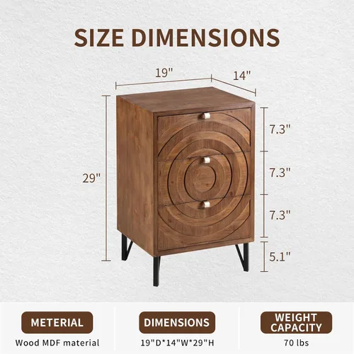 Miniatura 2 de COSIEST Mesita de noche, mesa auxiliar rústica con 3 cajones, mesa de noche de madera vintage con patas robustas, mesa auxiliar moderna