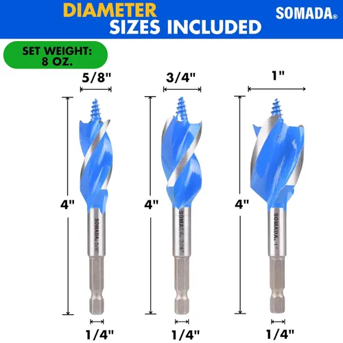Miniatura 2 de Juego de brocas de barrena SOMADA para madera, 3 piezas, 5/8", 3/4" y 1" pulgada de tamaño, 4 pulgadas de largo con estuche de almacenamiento, juego