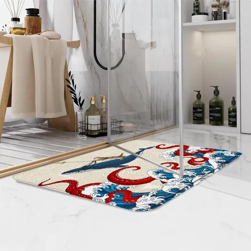 Miniatura 8 de Tapete de baño de tentáculos de pulpo, océano rojo, kraken, animales náuticos, tentáculos de pulpo, grandes olas japonesas, divertido, gato