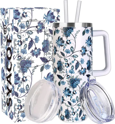 Miniatura 13 de SYACOT Vaso de 40 onzas con asa y pajita, vaso aislado de acero inoxidable, tapa a prueba de fugas y tapa con pajilla, taza de café de viaje