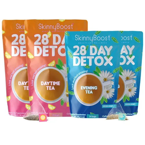 Miniatura 11 de SkinnyBoost - Kit de té desintoxicante de 2 paquetes – 1 de día HIBISCO (28 bolsas) + 1 de noche MANZANA CANELA (14 bolsas) – Desintoxicación herbal