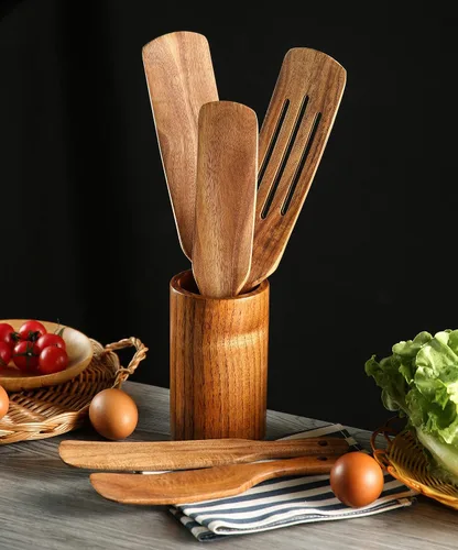 Miniatura 3 de Juego de 6 utensilios de cocina de madera con soporte, utensilios de cocina de teca natural, resistentes al calor, antiadherentes, con agujero