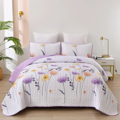 Miniatura 40 de Dinjoy Juego de colcha floral tamaño Queen, colcha azul agua tamaño Queen de 3 piezas, juego de ropa de cama ligera de estilo granja, colcha