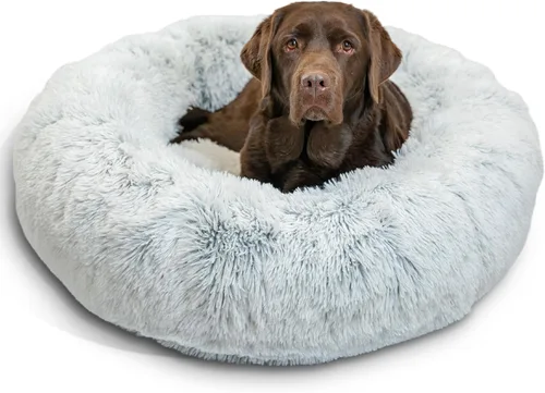 Best Friends by Sheri - The Original Calming Donut - Cama calmante en forma de dona para perros y gatos - Pelo largo, gris escarcha, L, 36 x 36