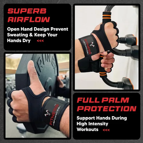 Miniatura 6 de FITNESS FORCE Ventilated Weight Lifting Workout Gloves for Men & Women Gym Gloves for Men & Women with Built-in Wrist Wraps for Men, Exercise Negro