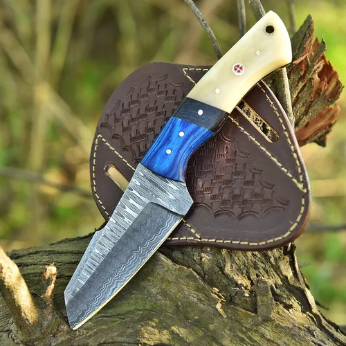 Miniatura 5 de Cuchillo de caza de acero de Damasco forjado a mano – Cuchillo de caza táctico EDC de hoja fija de 8 pulgadas para desollar y funda de cuero