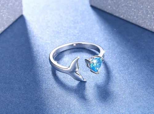 Miniatura 3 de S925 Sterling Sliver Dolphin Mermaid Tail Ring Love Heart Blue Cubic Zirconia Open Ring,7#
