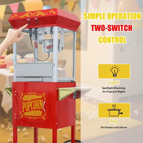Miniatura 5 de Carro de máquina de palomitas de maíz de 8 onzas, 650 W, máquina para hacer palomitas de maíz con hervidor de acero inoxidable, máquina de palomitas