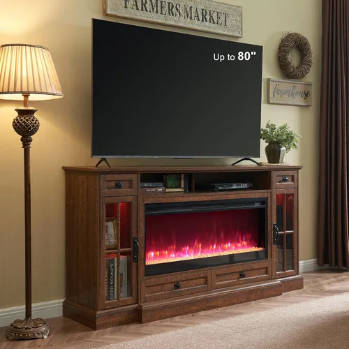 RedLemon Soporte de TV con chimenea de granja para TV de 80 pulgadas, centro de entretenimiento de 36 pulgadas de alto con chimenea eléctrica de