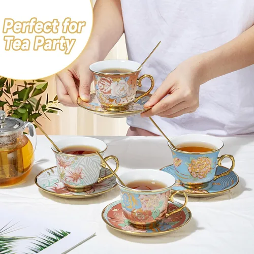 Miniatura 6 de Juego de 6 tazas de té y platillos florales de 8 onzas con cucharas, taza de cerámica y platillo para capuchino, expreso, café, café, café