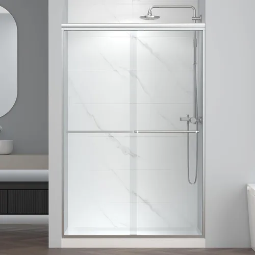 Miniatura 10 de ENSO SENKA 44-48" W x 72" H Puerta de ducha corrediza semi-sin marco, vidrio templado transparente tratado y fácil de limpiar, acabado negro mate