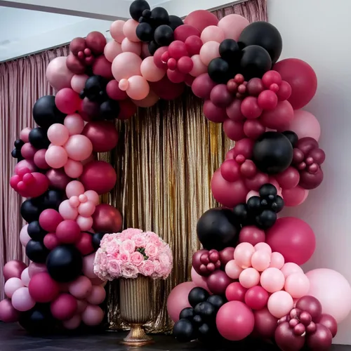 Miniatura 7 de Globos rosados y negros, 60 piezas de 12 pulgadas, color rosa intenso, rosa claro, negro, confeti, globos metálicos rosados para fiesta temática