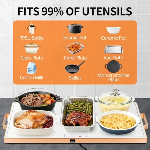Miniatura 5 de Bandeja calentadora de alimentos (XL 24"x16"), calentadores de alimentos para fiestas, buffet y uso diario, bandeja calentadora eléctrica de Blanco