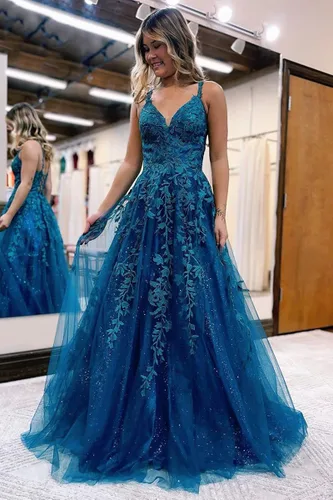 Miniatura 5 de Vestidos de graduación de tul con purpurina para mujer, cuello en V, apliques de encaje, vestidos largos de baile, tirantes delgados, vestido