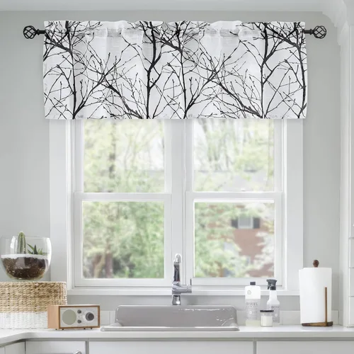 Miniatura 9 de FMFUNCTEX Cortinas de cenefa de ventana con estampado de ramas de árbol negro, cenefa corta semitransparente blanca para cocina, baño, bolsillo