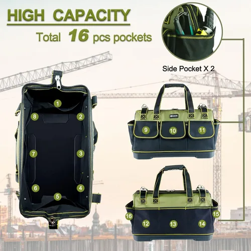 Miniatura 4 de Bolsa de herramientas de 17 pulgadas para hombres de alta resistencia con base moldeada impermeable, bolsa de gran capacidad de boca ancha, bolsas