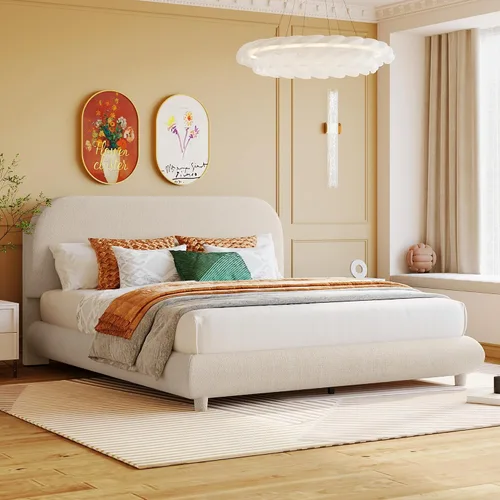 Miniatura 24 de Cama de Plataforma Tapizada con Forma Curva con Cabecera de Forma Curva, Marco de Cama de Madera Tamaño Full para Dormitorio de Niños y Adultos