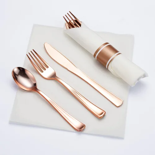 Miniatura 7 de Juego de 50 cubiertos de plástico color oro rosa preenrollados con servilletas, juego de cubiertos desechables envueltos resistentes para bodas