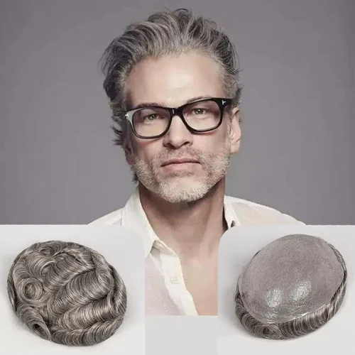 Miniatura 9 de Piezas de cabello humano para hombre, tupé, piel suave y fina con nudo en V de 0.001 in, sistema de reemplazo de cabello de 8 x 10 pulgadas