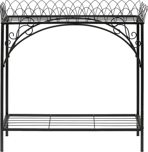 Estante largo negro de doble capa, soporte de metal estilo patio francés para plantas altas en maceta, soporte resistente para macetas interiores y